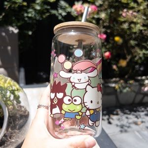 Kawaii and Friends Iced Coffee Cup | Hello Kitty & friend 16 oz Clear Glass Can